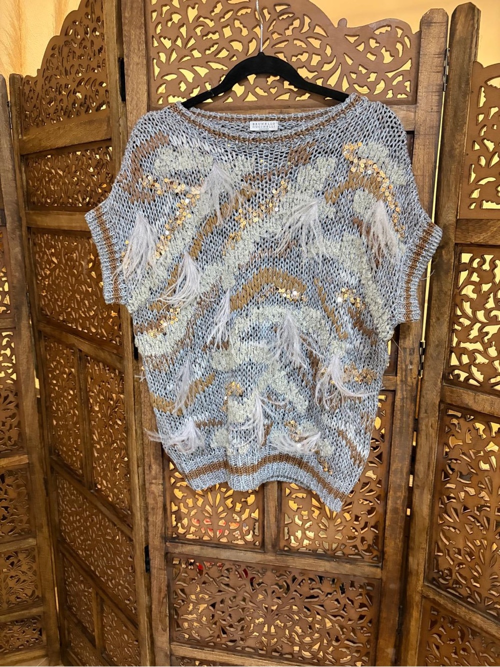 Brunello Cucinelli Gray Brown Knit Fringe Sequin Cardigan Sweater - Picture 3 of 7